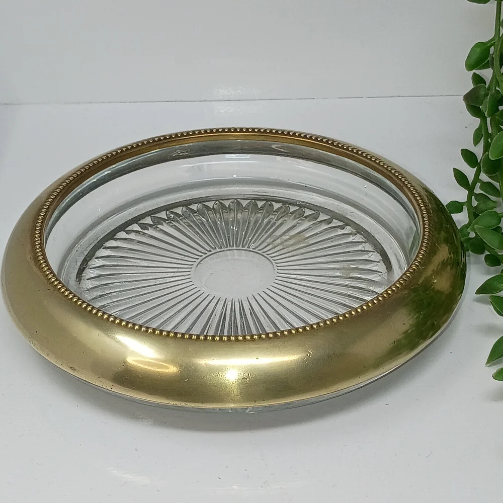 Champagne Bottle Coaster/Glass Trinket Dish with Gold Tone Rim